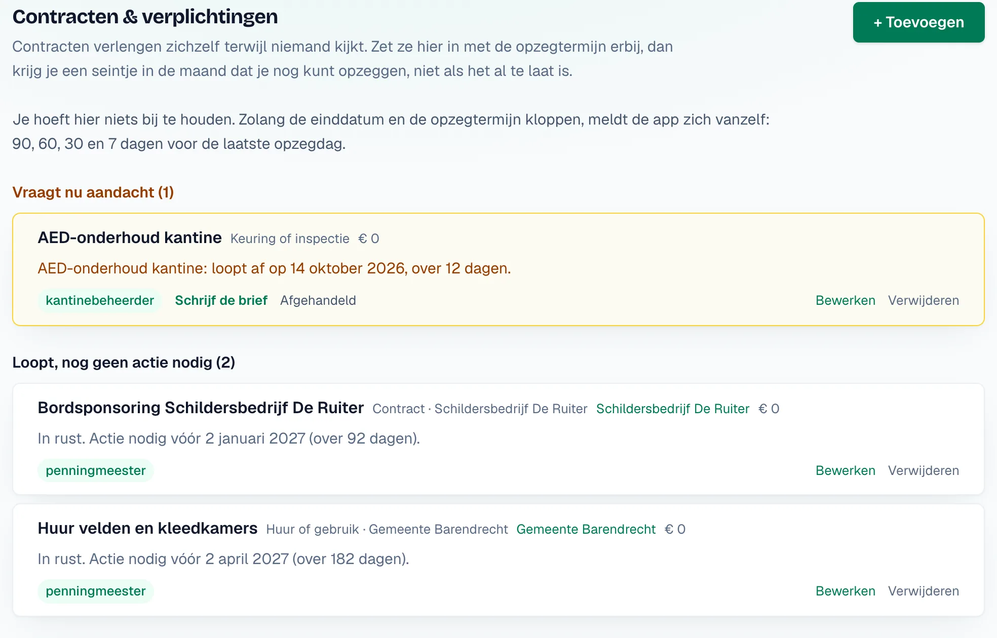 Contracten en verplichtingen: wat nu aandacht vraagt met het aantal dagen tot de laatste opzegdag, en wat nog rustig loopt.