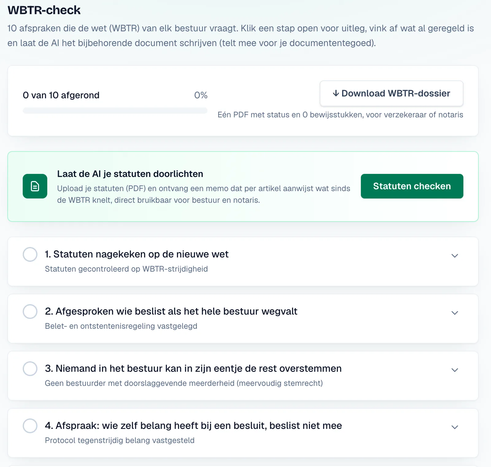 De WBTR-check: tien afspraken met de voortgang, het dossier om te downloaden en de knop om de statuten te laten doorlichten.